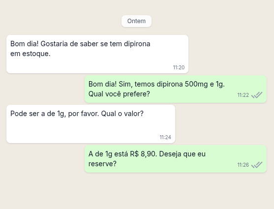 Conversa no WhatsApp sobre disponibilidade e preço de dipirona